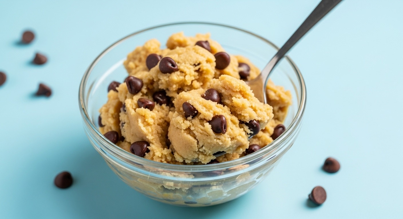 Close-up of edible chocolate chip cookie dough in a bowl with a spoon.