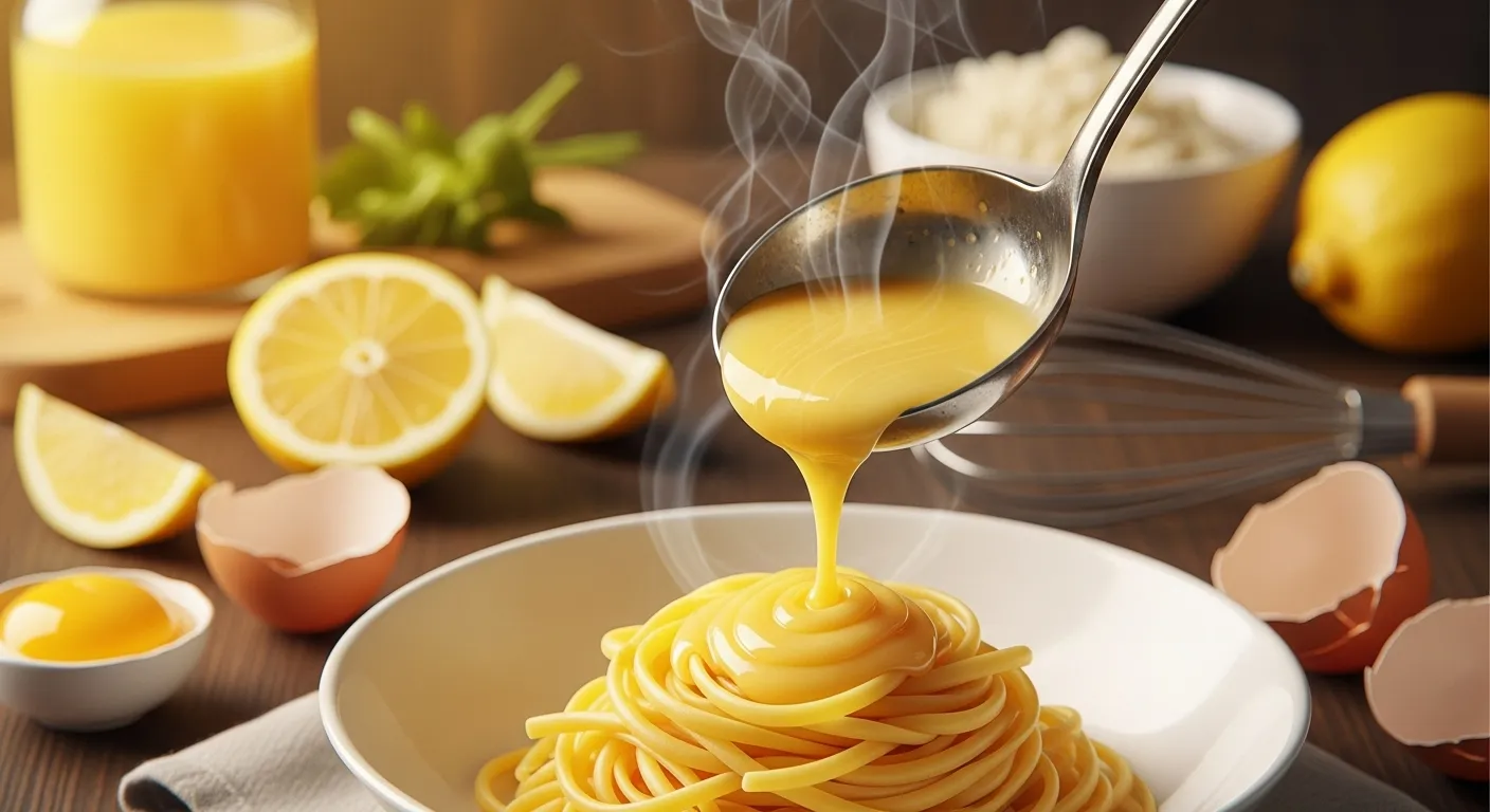 Thumbnail of tempered egg sauce on pasta with lemons.
