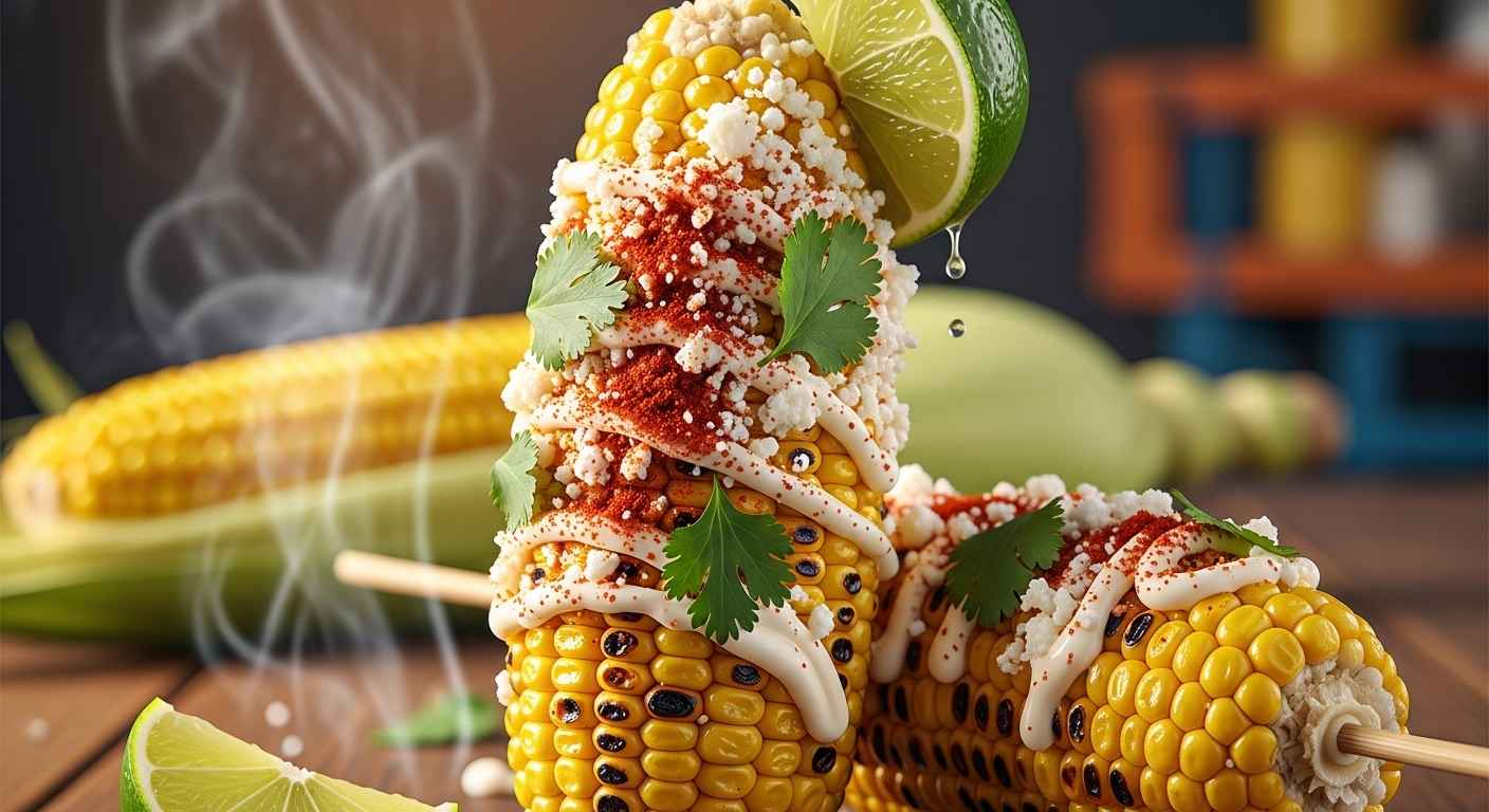 Close-up of grilled Mexican street corn with toppings.