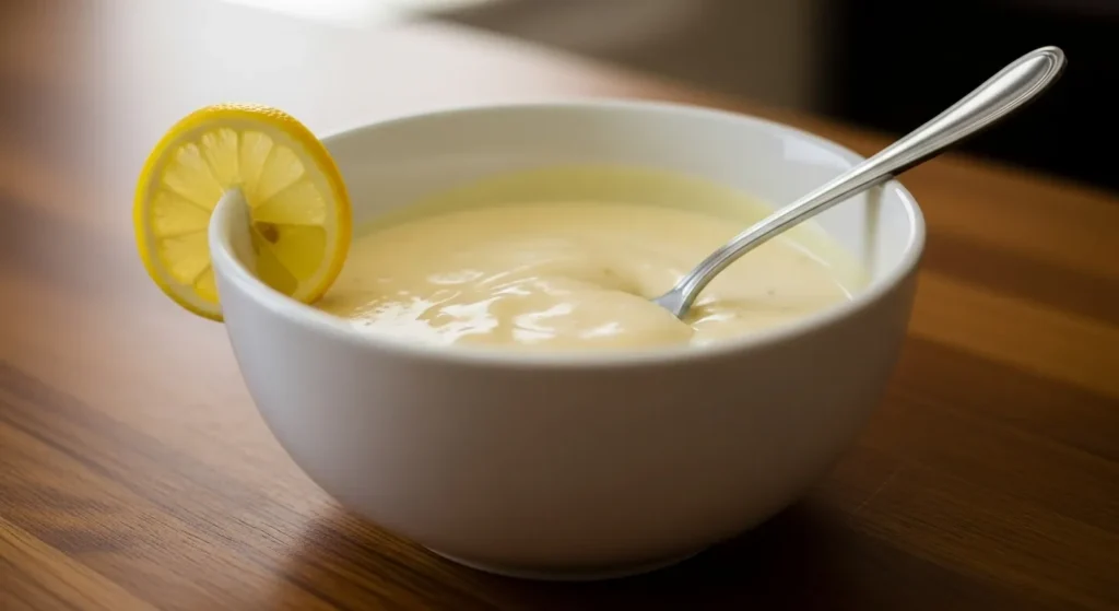 Bowl of creamy lemon egg sauce.