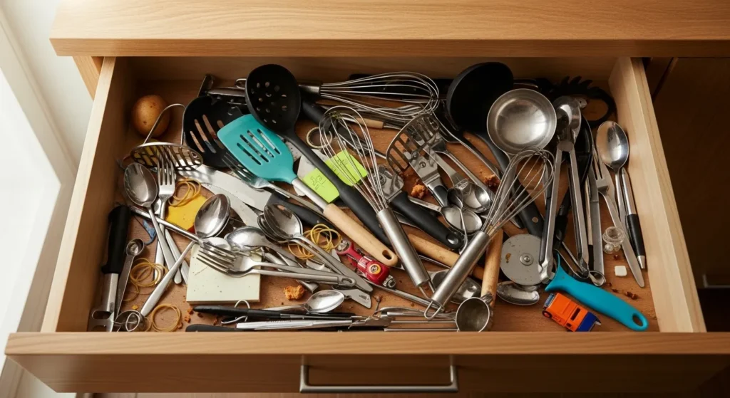 Empty kitchen drawer with scattered items