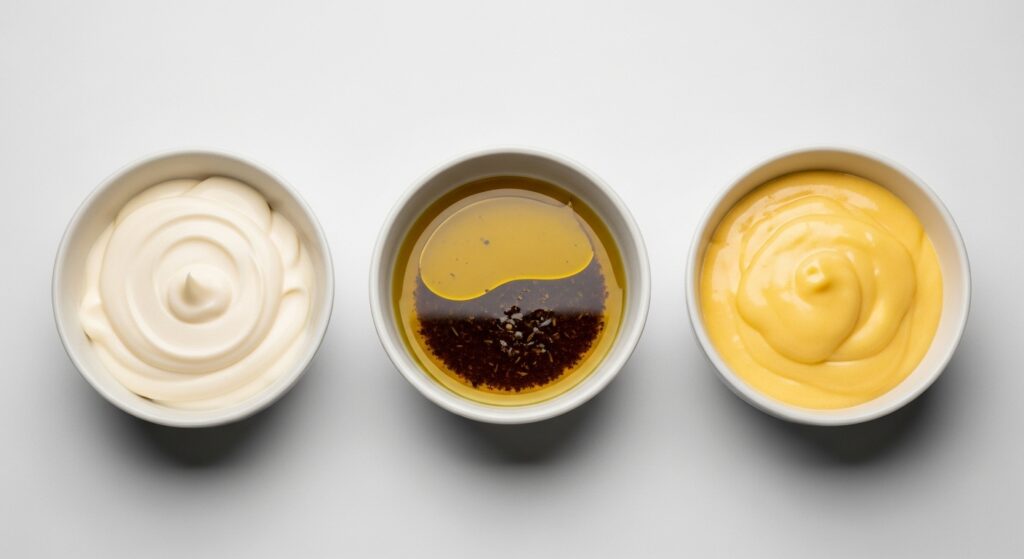 Bowls of mayo, dressing, and hollandaise.