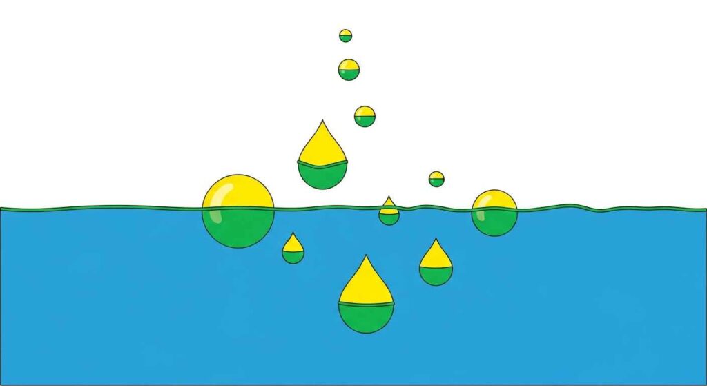 Diagram of oil droplets in water forming an emulsion.
