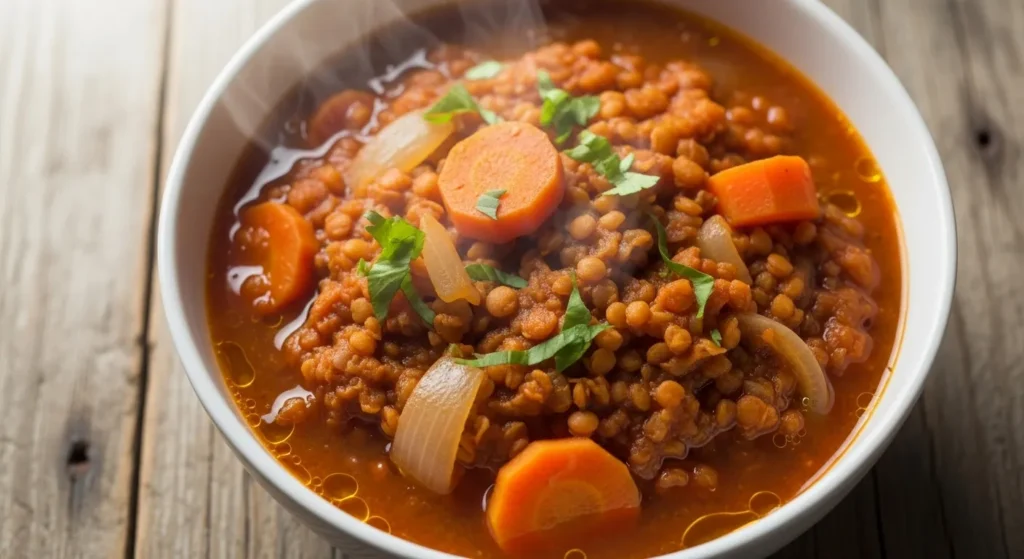 Bowl of budget lentil and vegetable stew.