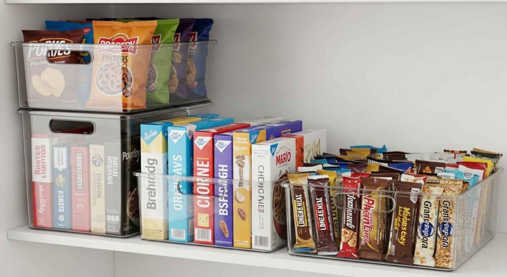Clear bins with snacks in pantry zone.