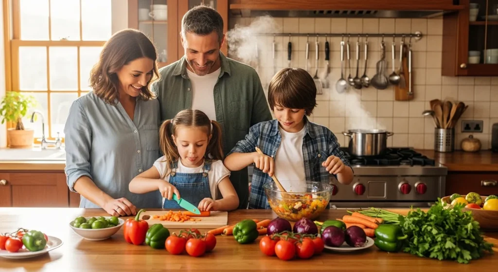 Parents and kids prepping meals together.