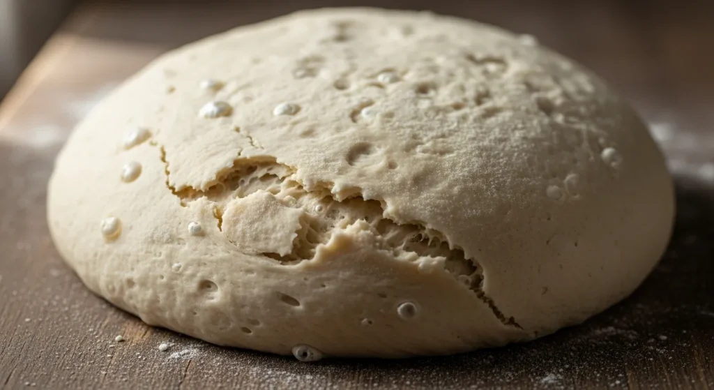 Close-up of dough with visible gas bubbles during fermentation.