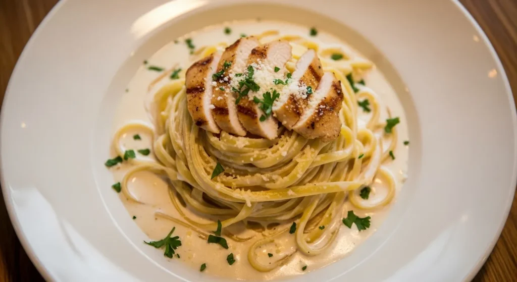 Homemade easy chicken alfredo pasta.