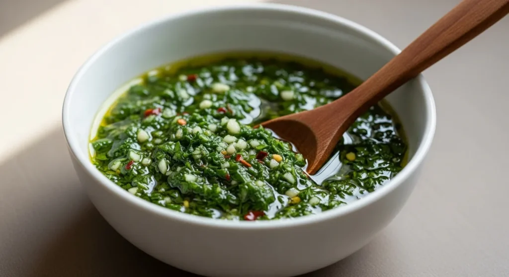 Green chimichurri sauce in a small bowl with spoon.