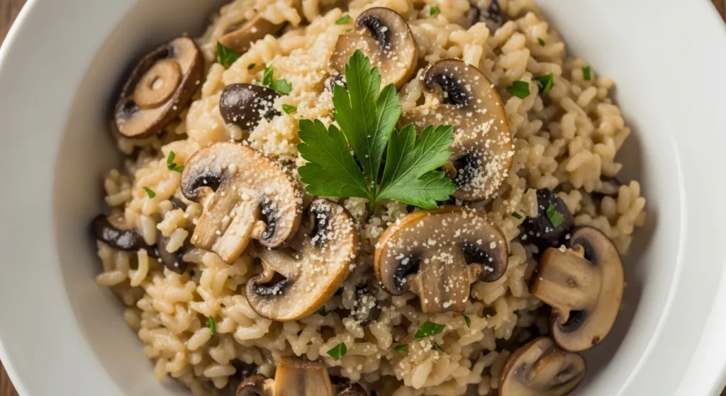 Bowl of homemade creamy mushroom risotto with visible mushrooms and cheese.