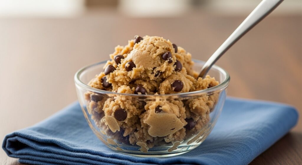 Bowl of edible chocolate chip cookie dough with a spoon.