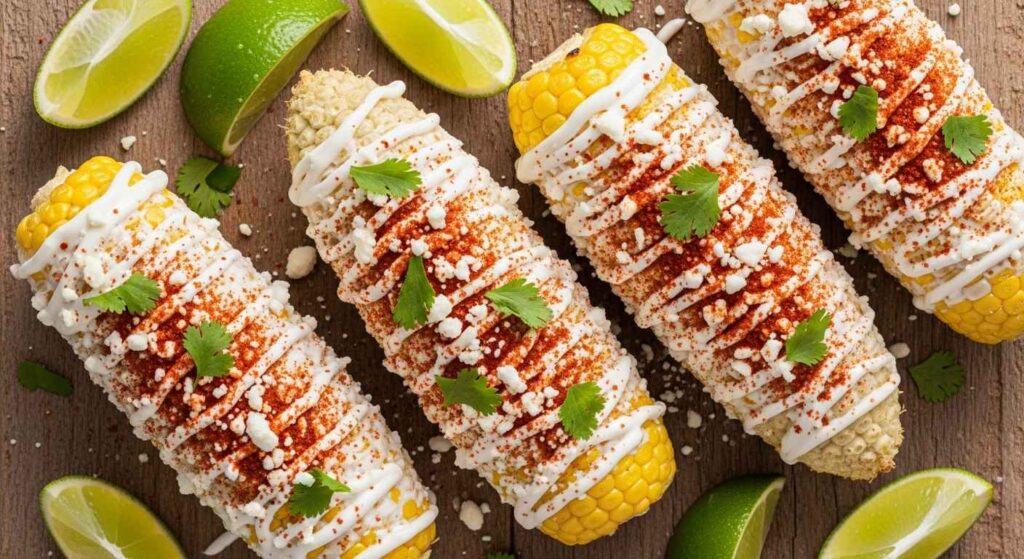 Plate of Mexican street corn topped with cheese and herbs.