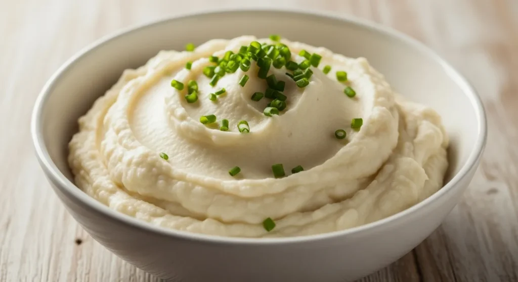 Bowl of creamy garlic mashed cauliflower with chives.