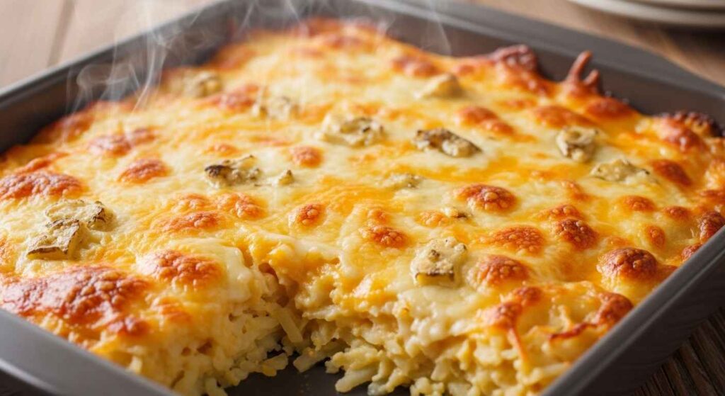 Cheesy copycat Cracker Barrel hashbrown casserole in a baking dish.