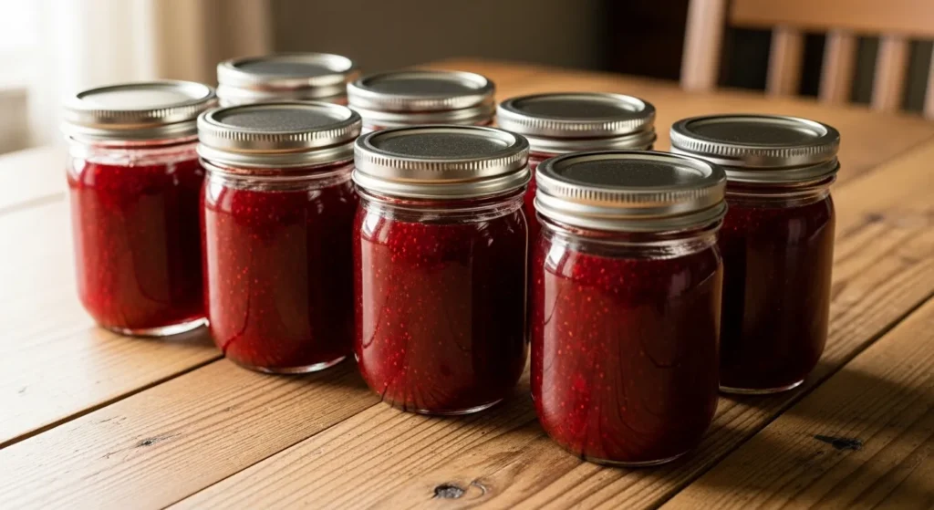 Rows of canned strawberry jam jars.