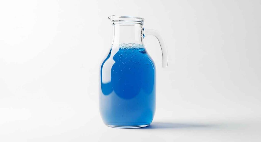 Glass jug filled with homemade liquid laundry detergent on a white background.
