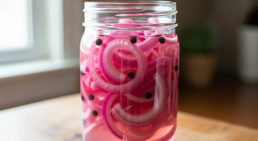 Bright pink quick pickled red onions in a sealed jar.