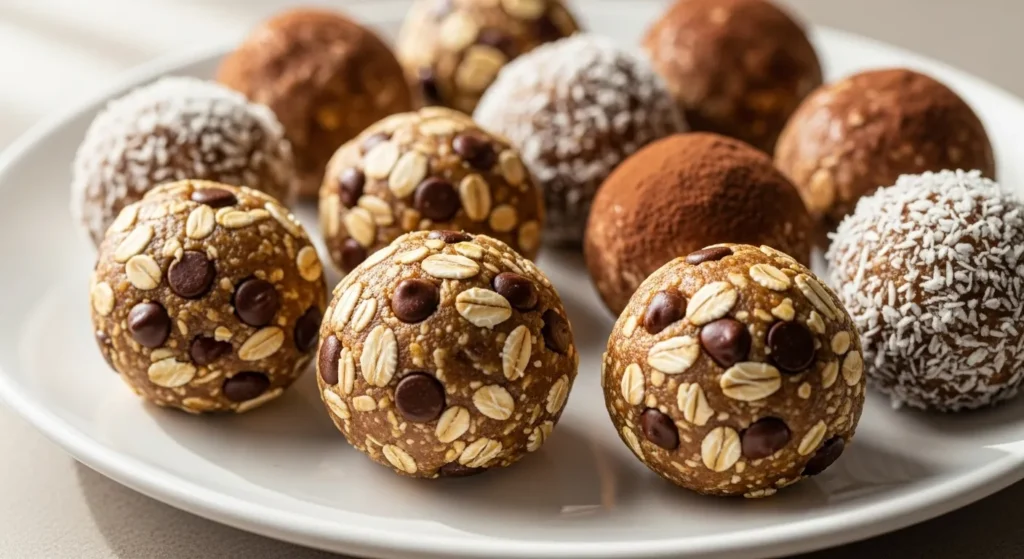 Close-up of homemade no-bake protein balls with chocolate chips visible.