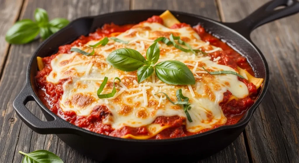 Skillet lasagna topped with melted mozzarella and basil.