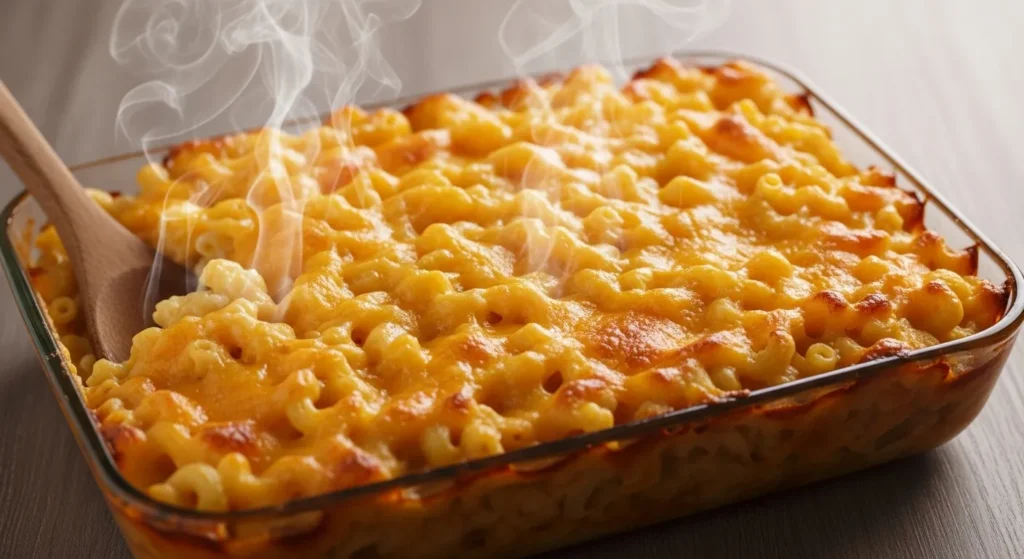 Baked southern mac and cheese with crispy cheese top in a dish.