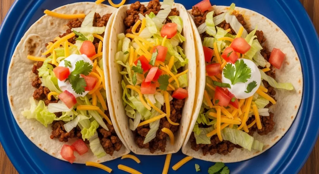 Plate of ground beef tacos with toppings.