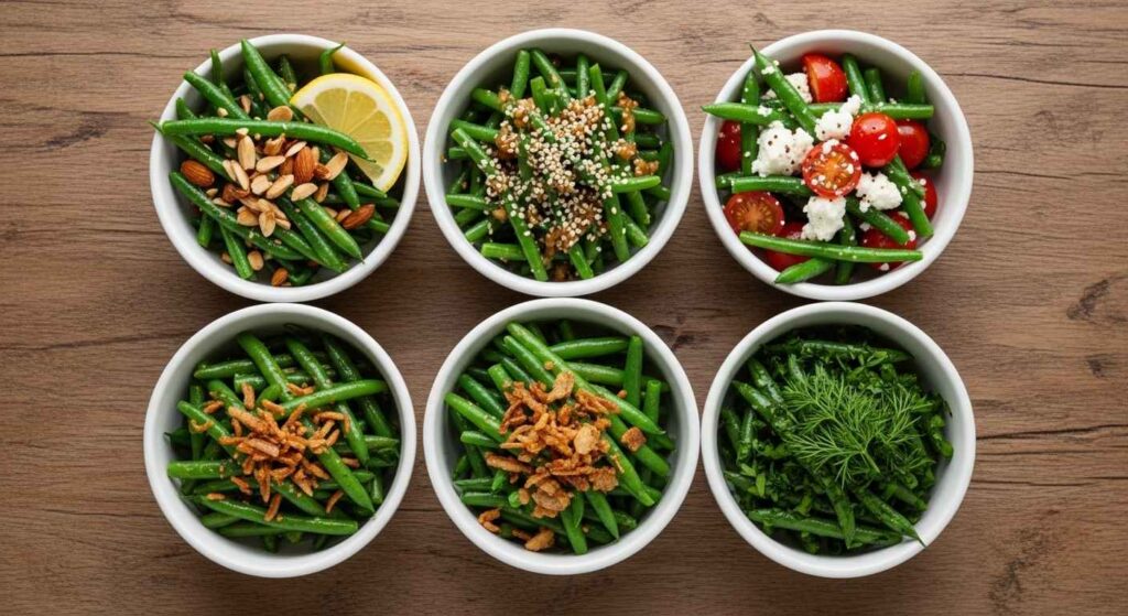 Five small bowls showing different green bean preparations with various seasonings and toppings