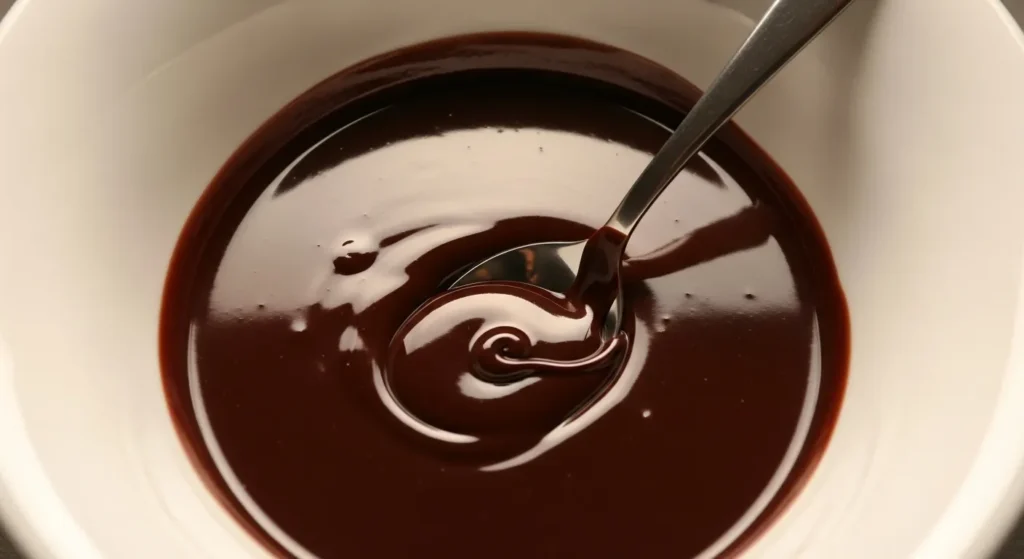Bowl of glossy melted chocolate with spoon.