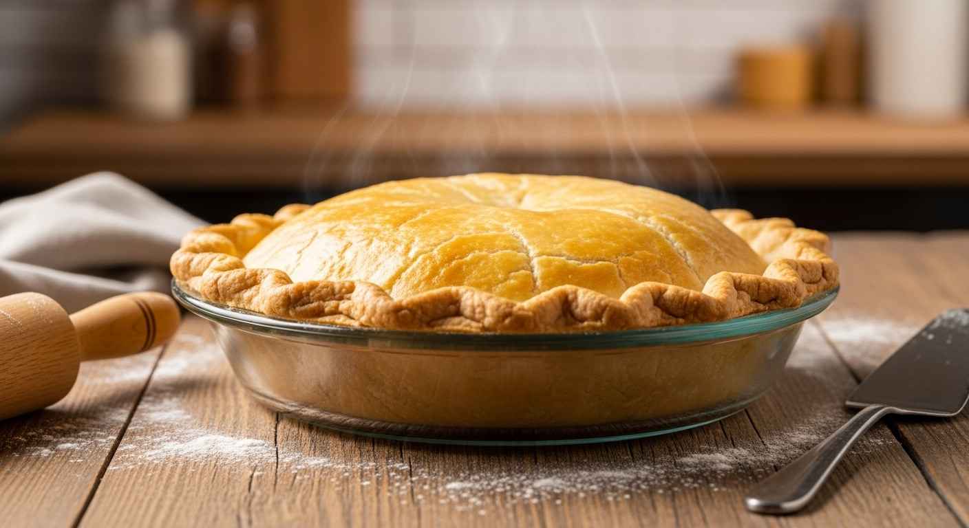 Close-up of a golden flaky pie crust in a dish with rolling pin.