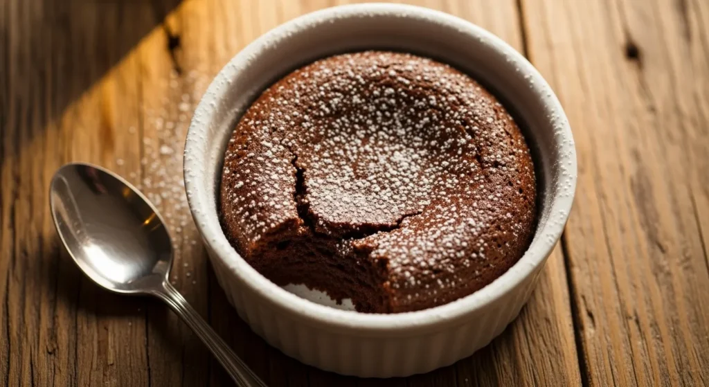Single-serve flourless chocolate cake in a ramekin with a fudgy center.