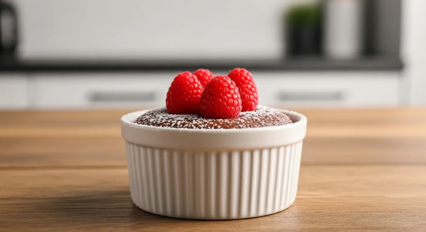 Single-serve flourless chocolate cake thumbnail with raspberries.