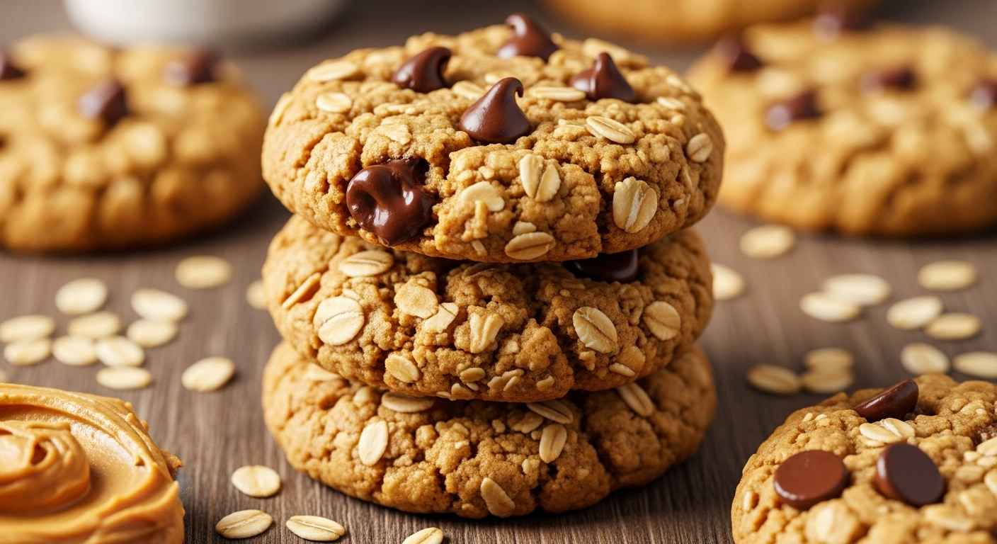Eye-catching thumbnail of golden flourless PB oatmeal cookies.