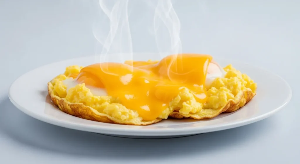 Plate of fluffy scrambled eggs and cheese.