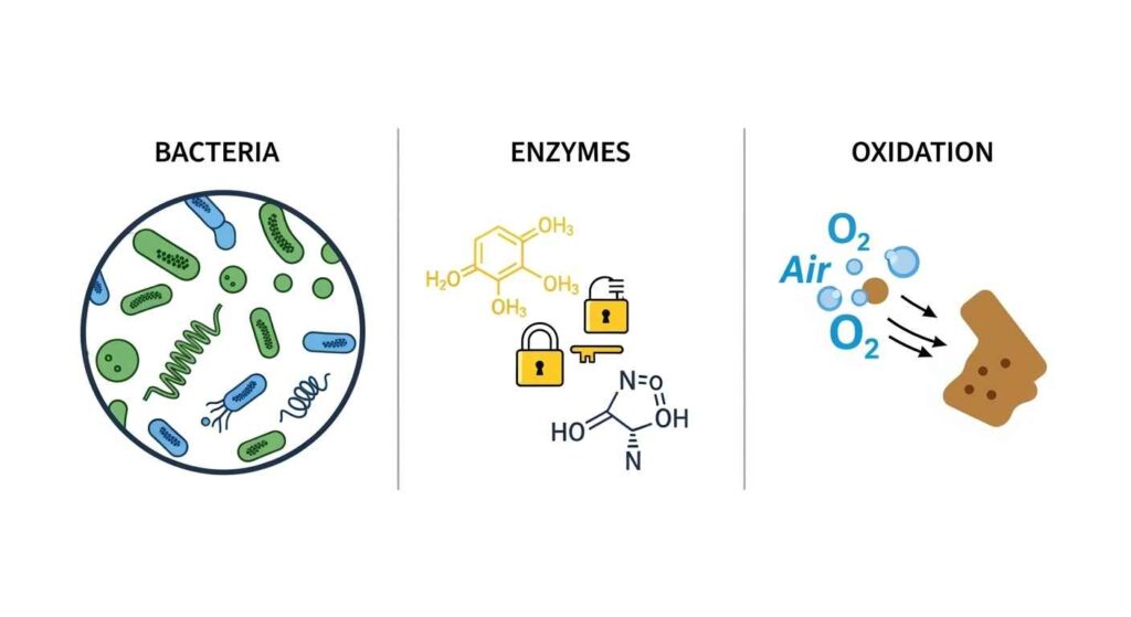 Diagram showing bacteria, enzymes, and oxidation as causes of food spoilage