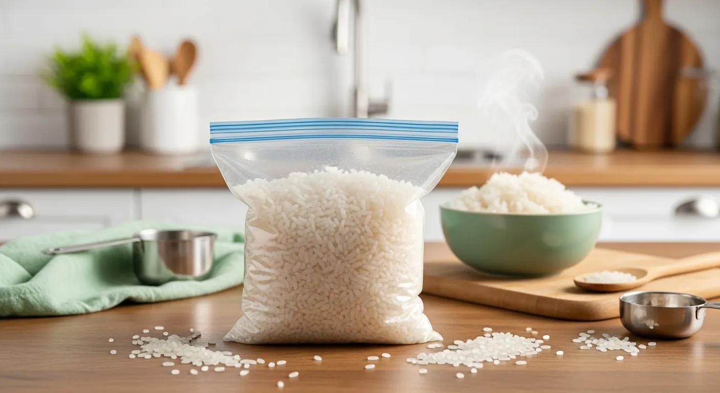 Freezer bag of cooked rice on a kitchen counter with a bowl of reheated rice.