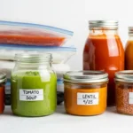 Freezer bags and jars of soup for meal prep.