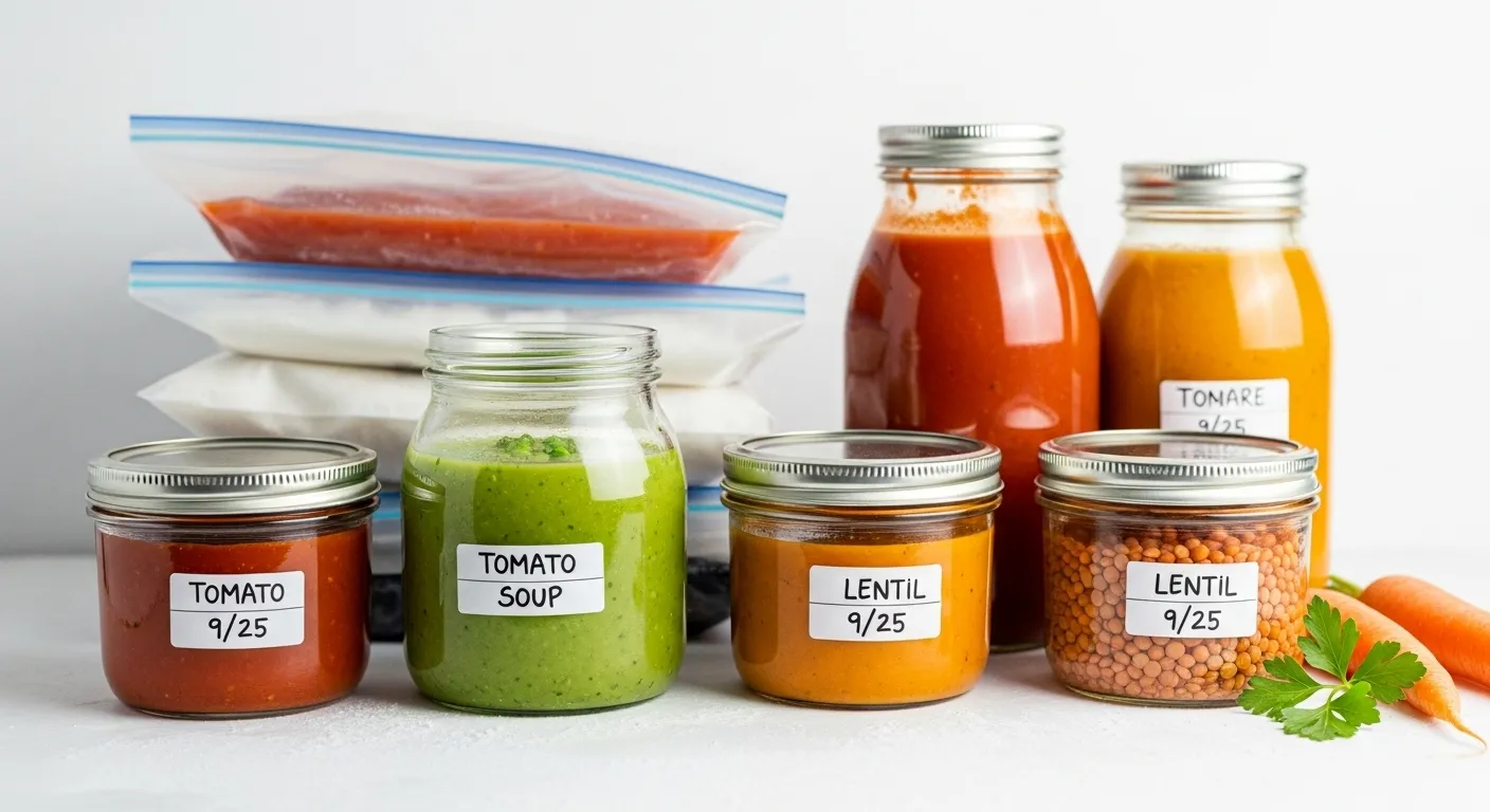 Freezer bags and jars of soup for meal prep.