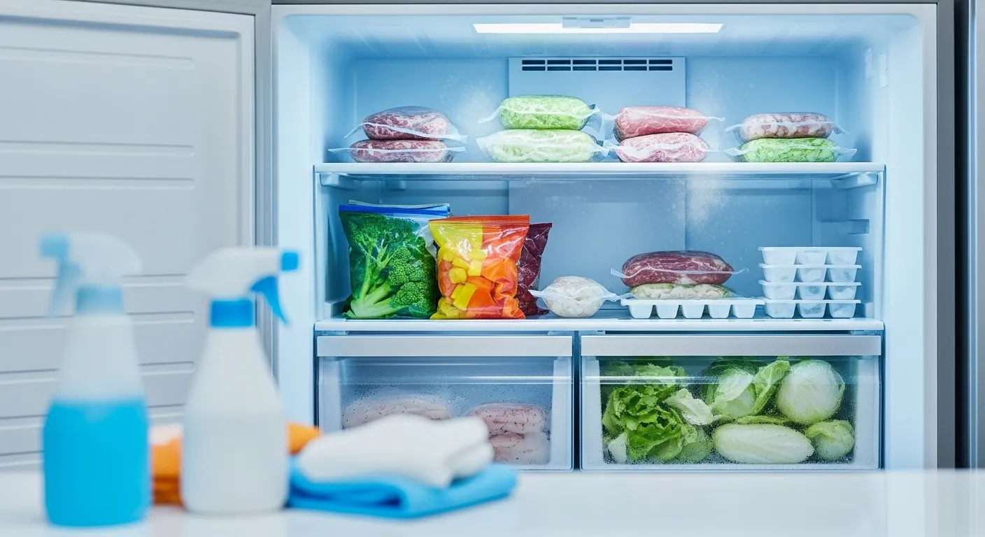 Organized clean freezer interior with frozen foods.