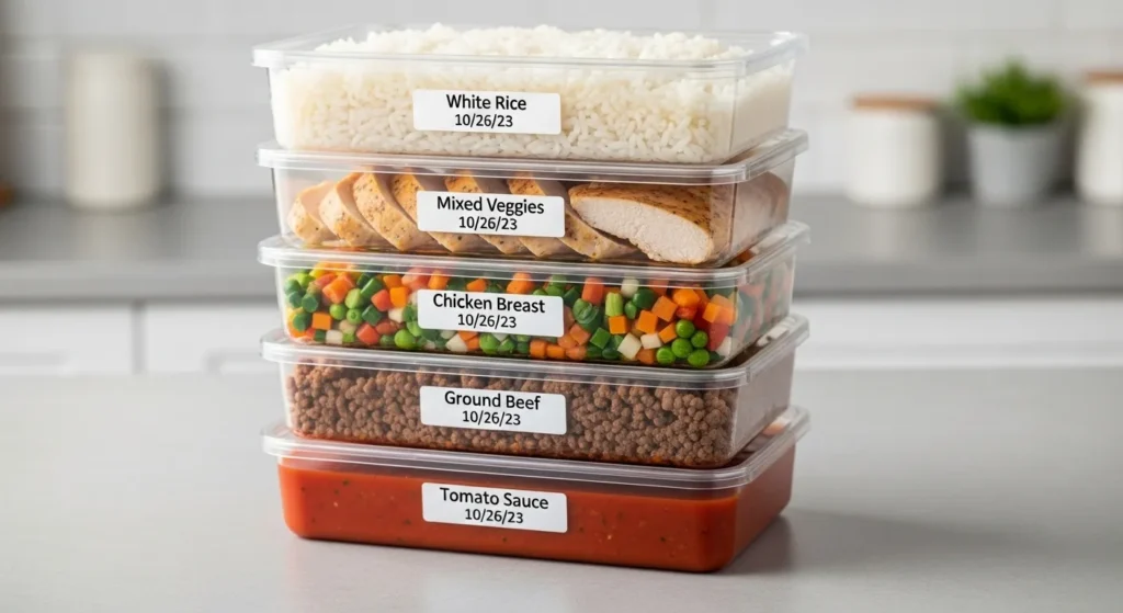 Stack of freezer-safe containers with food, labeled with contents and dates.