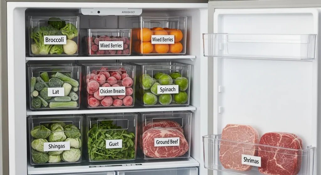 Freezer shelves with labeled food bags and boxes.