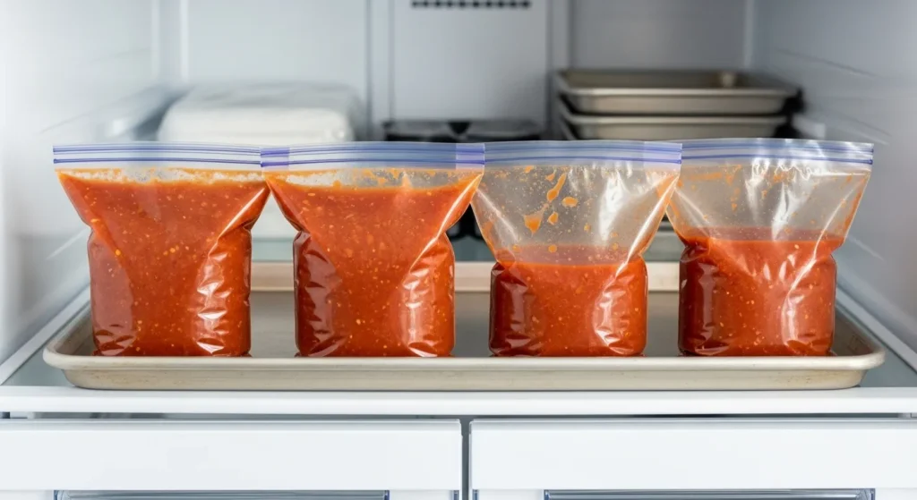 zip top bags of soup freezing flat.