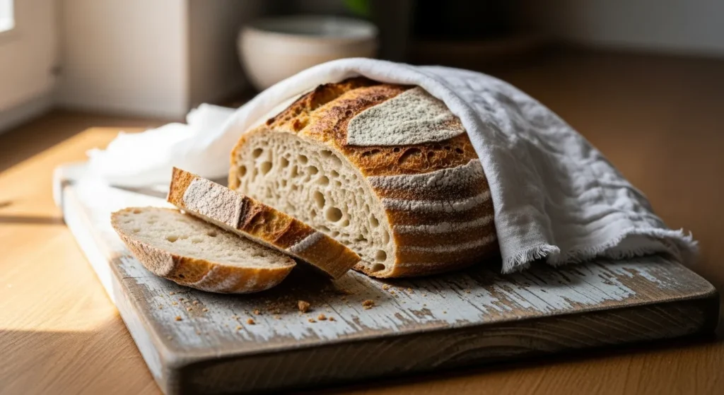 Fresh sourdough loaf on a wooden cutting board with a linen cloth.