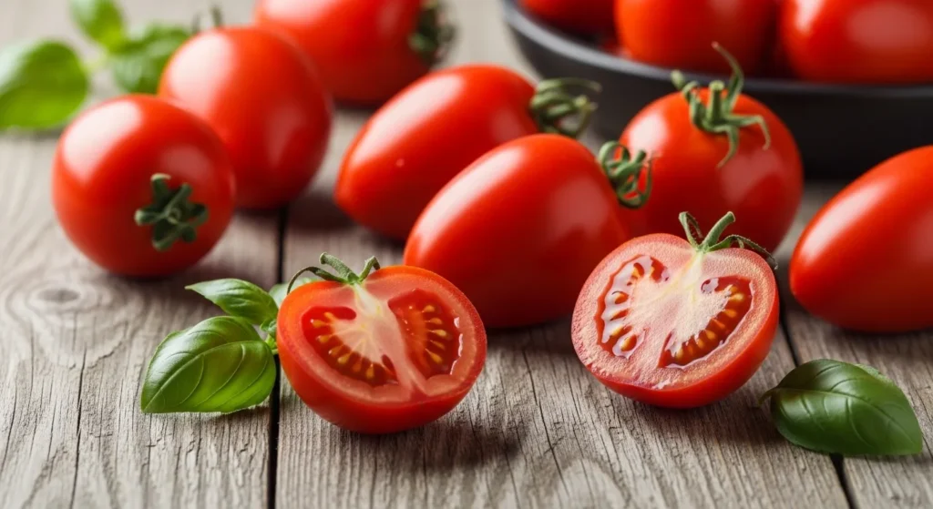 Whole and halved San Marzano tomatoes on wooden table