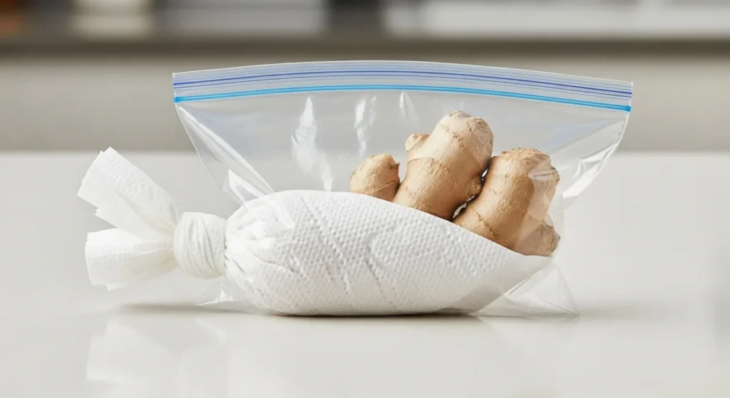 Ginger root in paper towel and bag.