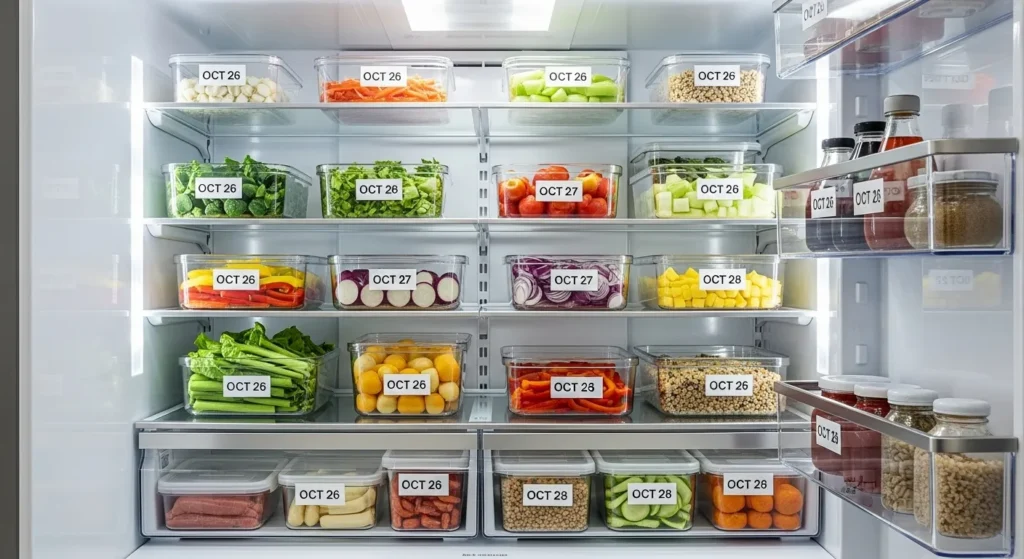 Neatly arranged fridge with clear containers of leftovers, labeled with dates.
