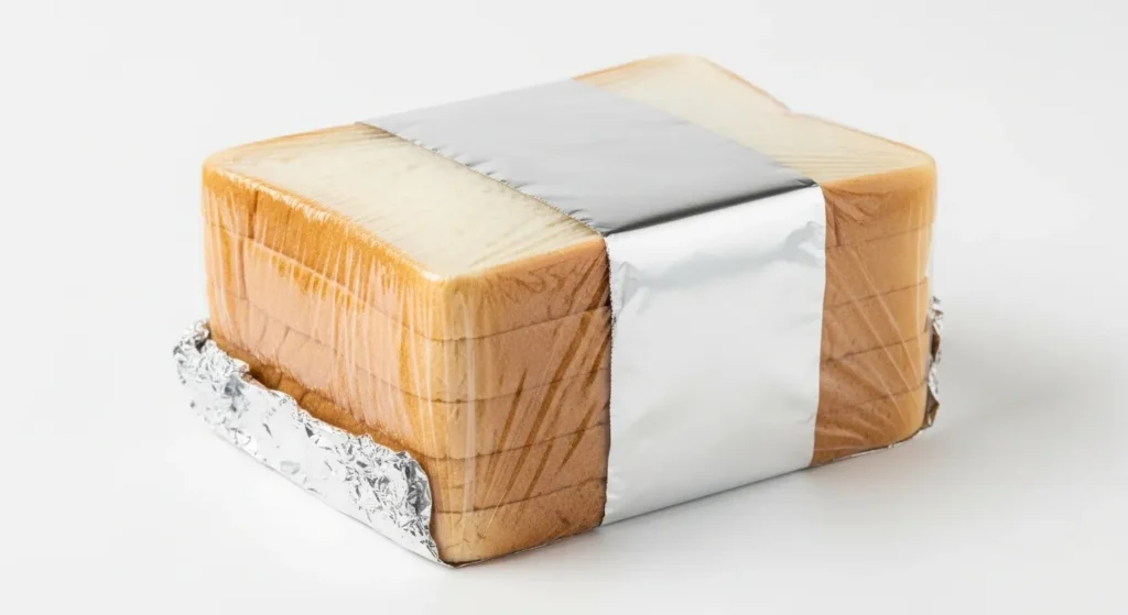 Sliced sandwich bread wrapped in plastic and foil for freezing.