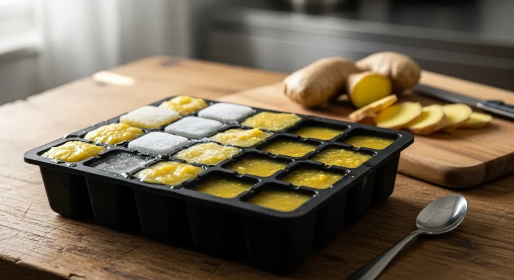 Ice cube tray with ginger paste.