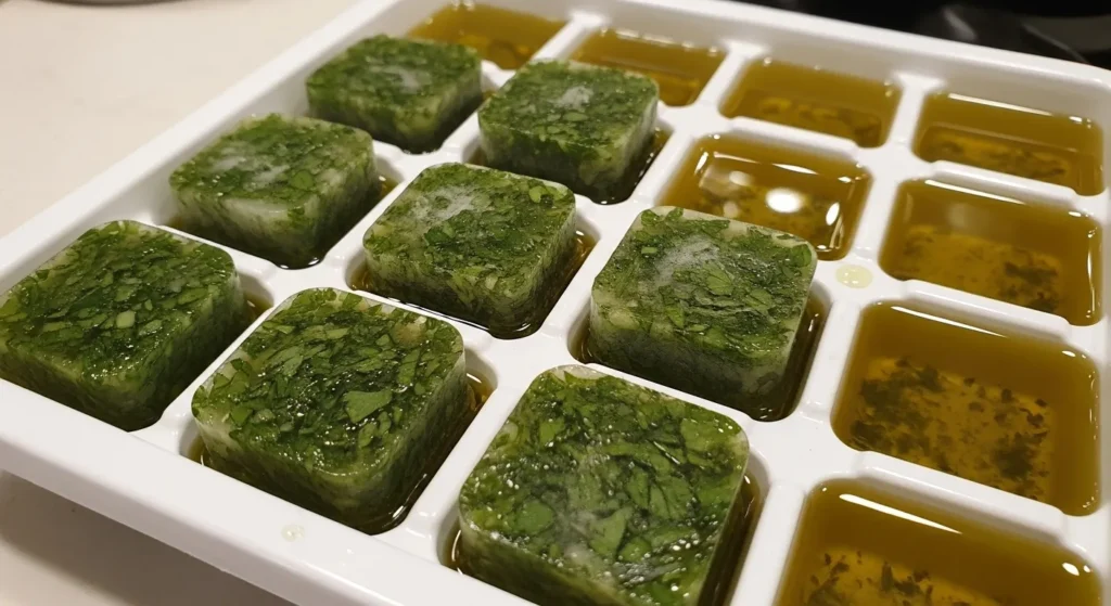 Ice cube tray with chopped herbs in olive oil.