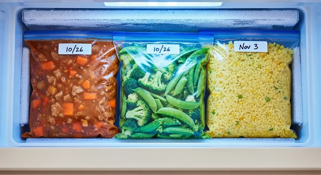 Freezer bags with labeled meal prep portions.