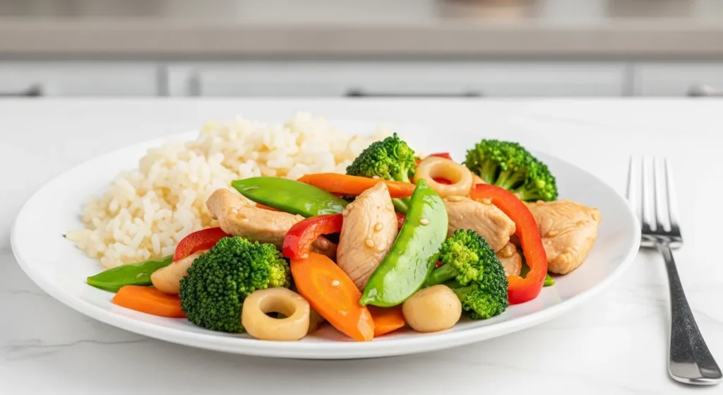 Plate of chicken stir-fry with vegetables and reheated frozen rice.