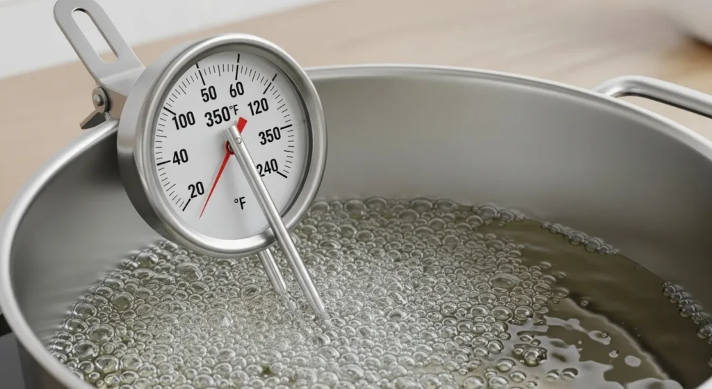 Deep fry thermometer in pot of oil.